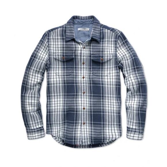 New NWT OUTERKNOWN navy blue white Plaid Blanket Button Up Shirt Size Small S